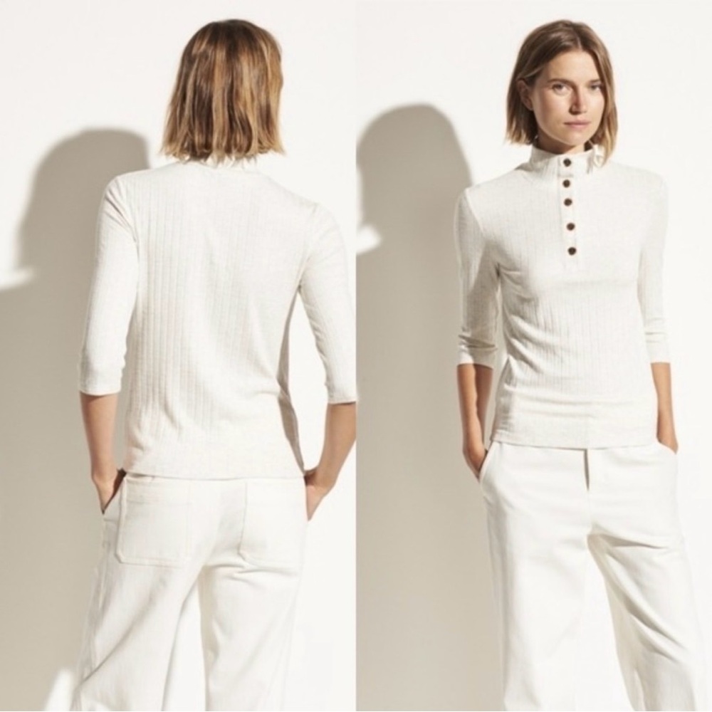 Vince Henley Top Shirt Heather White Ribbed Mock Neck 3/4 Sleeve size Small